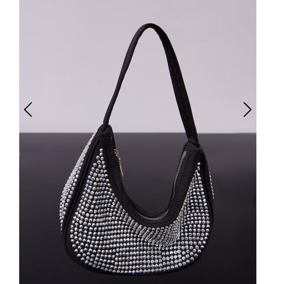 NWT PrettyLittleThing Black Diamante Stud Curved Shoulder Bag - Picture 9 of 9